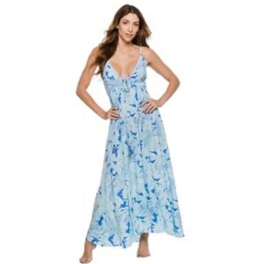 Lusana Lidoe Maxi Dress Blue Tropical Print Tie Front Resort Dress Medium
